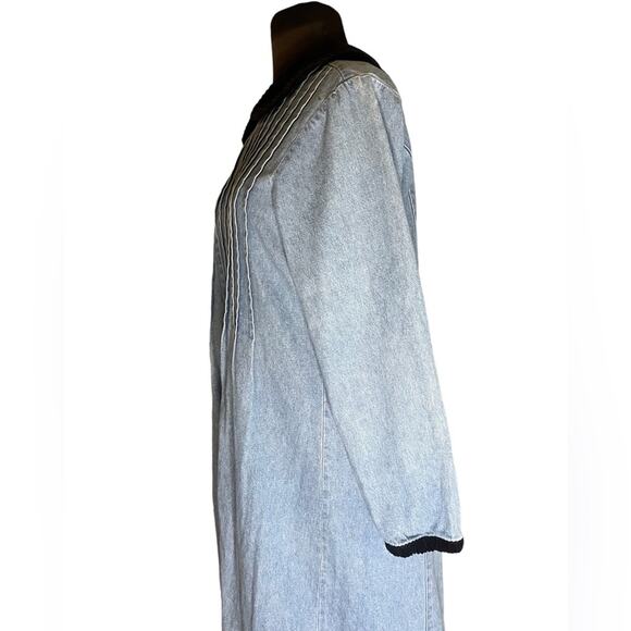 Vtg 90s Denim Velvet Collar Pleated Midi Ankle Dress Size 14P Boho Feminine - Picture 3 of 7